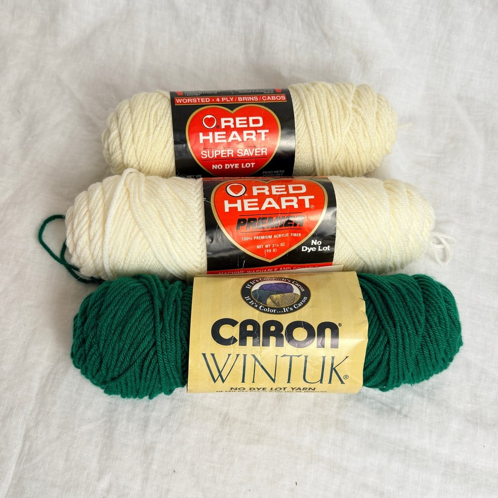 Vintage Mixed Yarn Lot of 3 Red Heart Caron White Green Worsted Crochet Destash